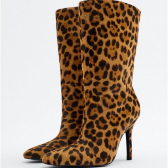 Zara Women’s Animal Print Heeled Leather Ankle Boots - Picture 4 of 15